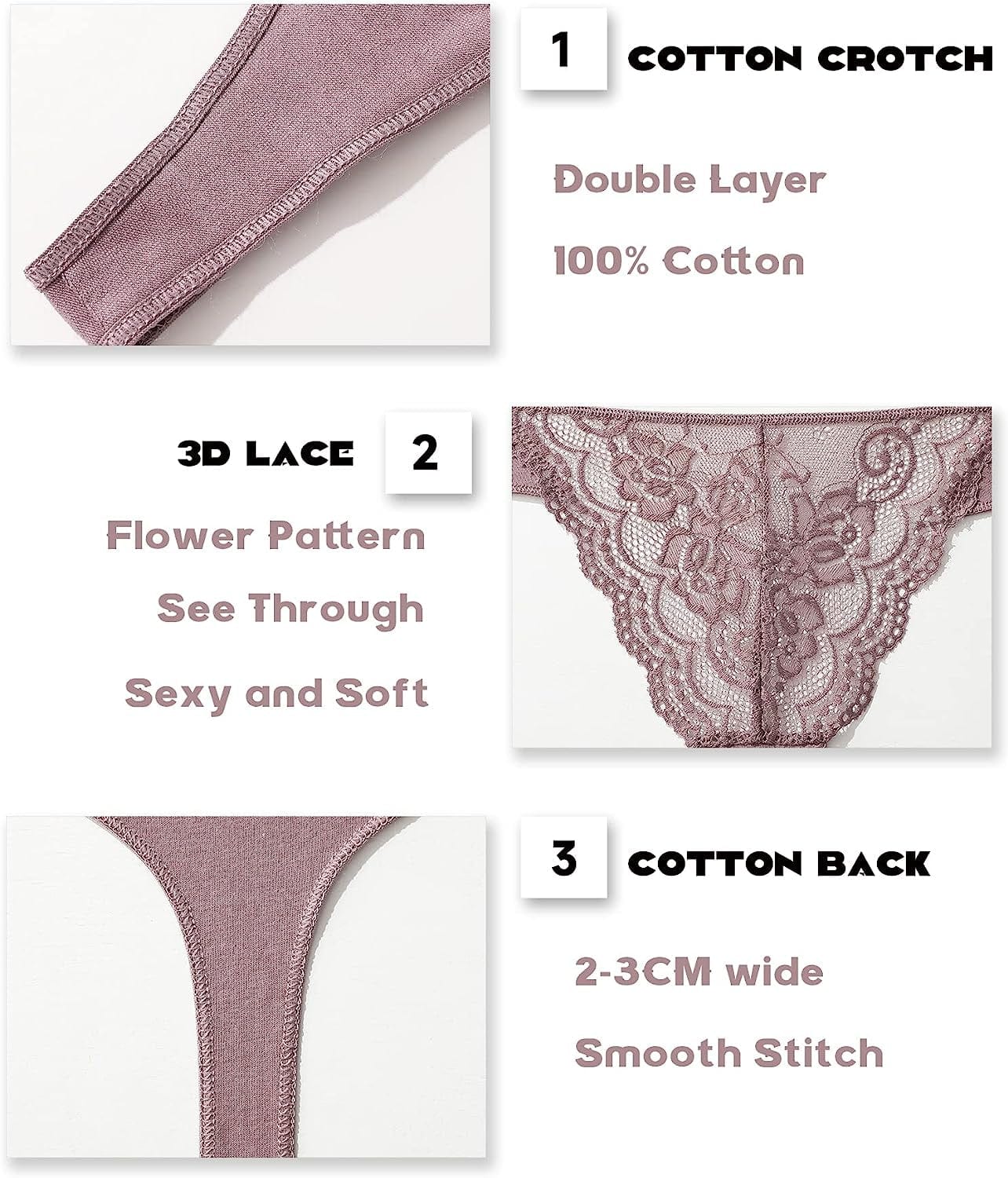 Cutebyte Cotton Thongs for Women Sexy Lace Thong Underwear T Back Breathable Low Rise Hipster Tangas Panties 6 Pack