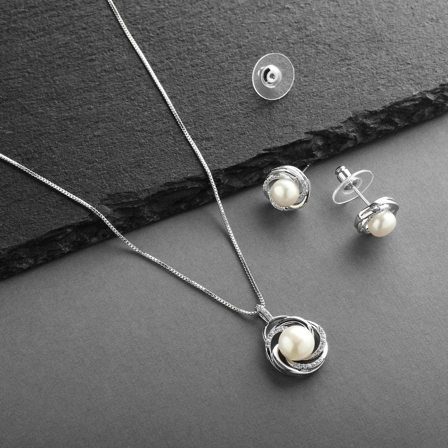 CZ and Freshwater Pearl Button Wedding Necklace and Earrings Jewelry Set for Bridesmaids & Brides