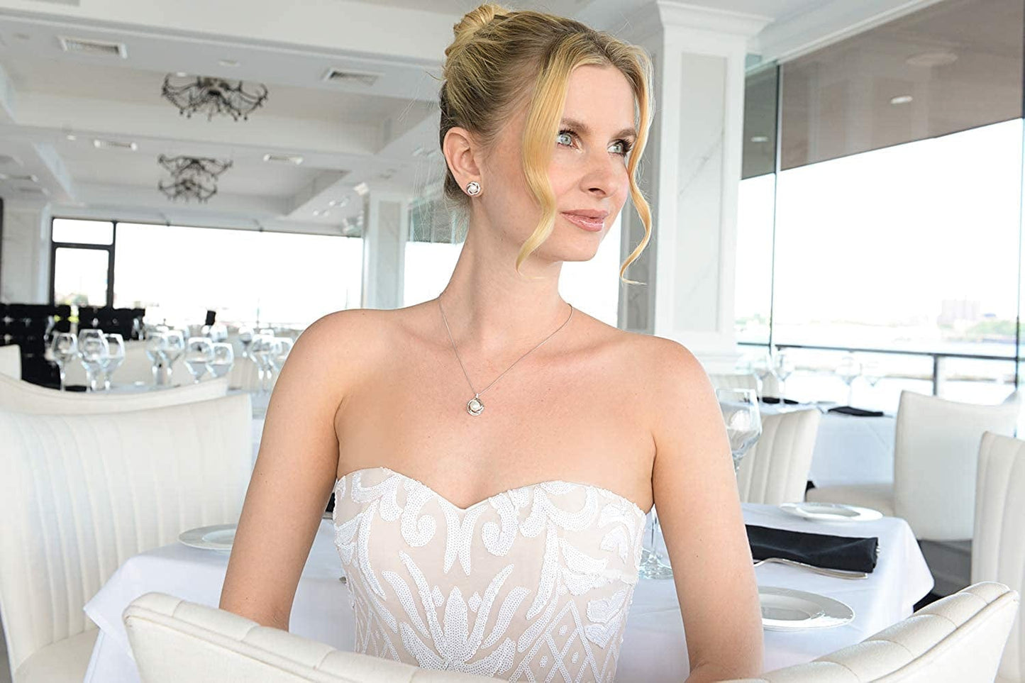 CZ and Freshwater Pearl Button Wedding Necklace and Earrings Jewelry Set for Bridesmaids & Brides