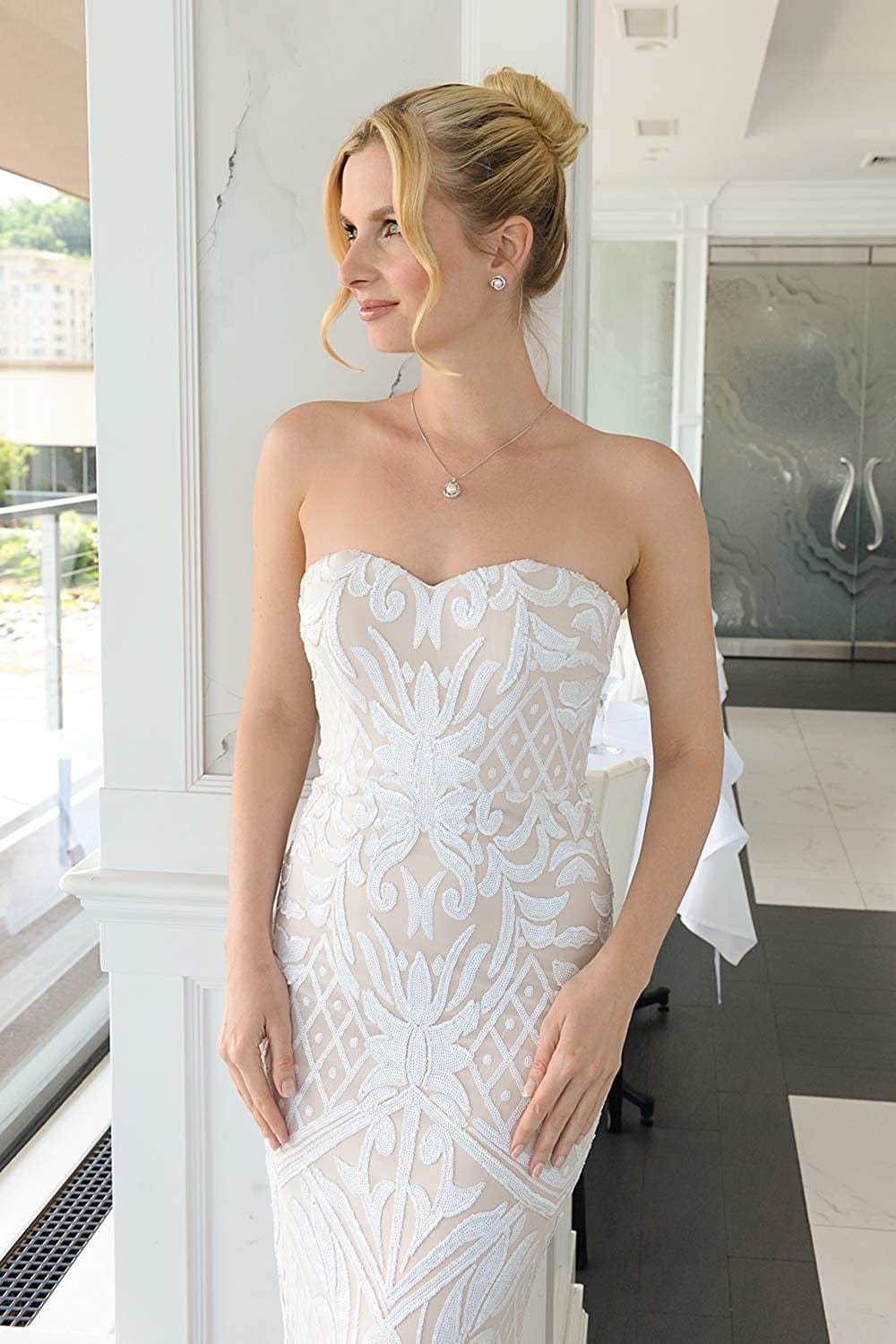 CZ and Freshwater Pearl Button Wedding Necklace and Earrings Jewelry Set for Bridesmaids & Brides