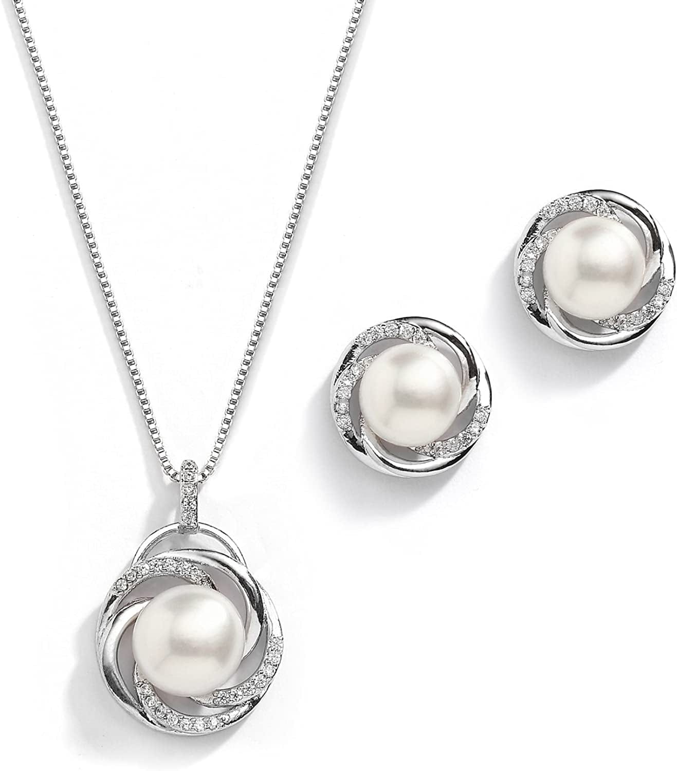 CZ and Freshwater Pearl Button Wedding Necklace and Earrings Jewelry Set for Bridesmaids & Brides