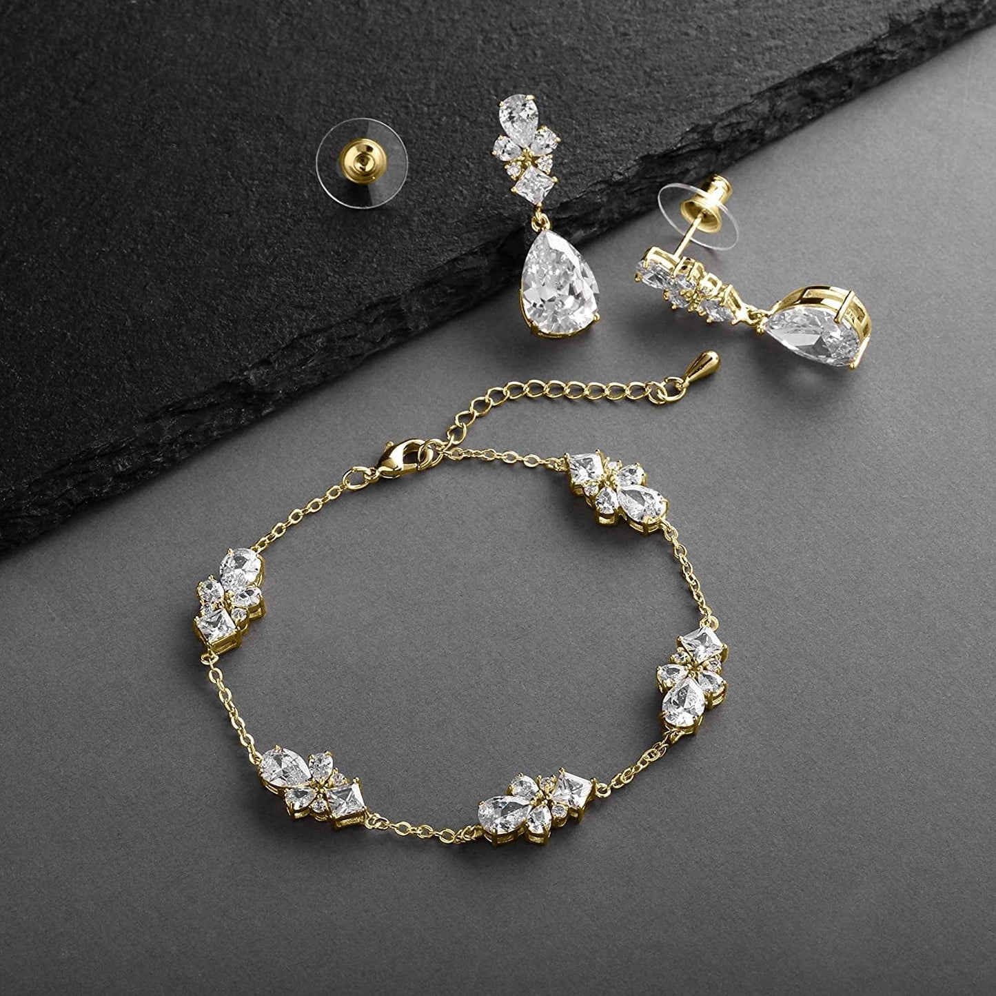 CZ Bridal Bracelet & Matching Earrings, 14K Gold Jewelry Set Adjustable Bracelet 7 ¼" to 8 ¾"
