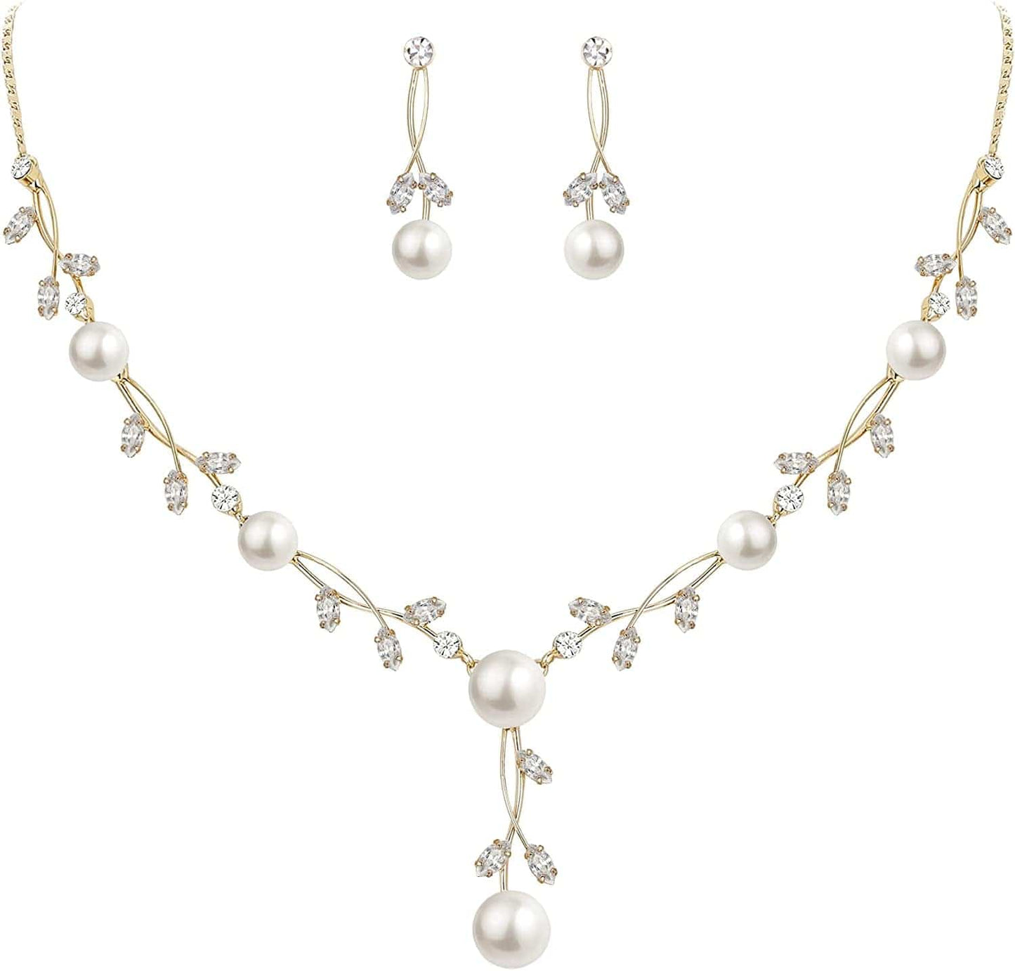 CZ Crystal Cream Simulated Pearl Floral Vine Filigree Necklace Earrings Set 2_Clear Gold-Tone