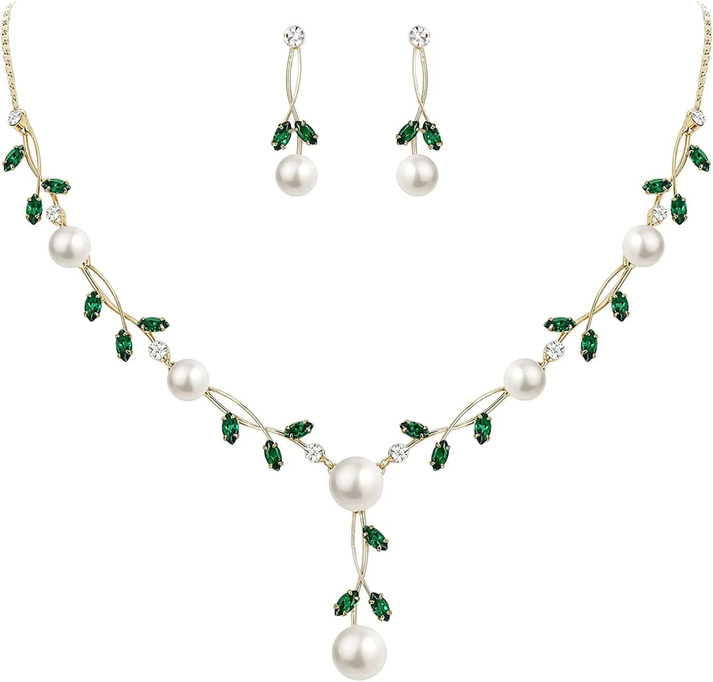 CZ Crystal Cream Simulated Pearl Floral Vine Filigree Necklace Earrings Set Green Gold-Tone