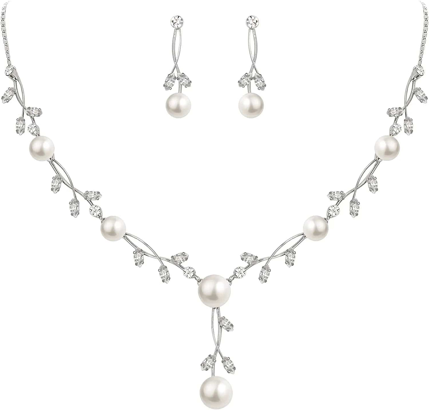 CZ Crystal Cream Simulated Pearl Floral Vine Filigree Necklace Earrings Set 1_Clear Silver-Tone