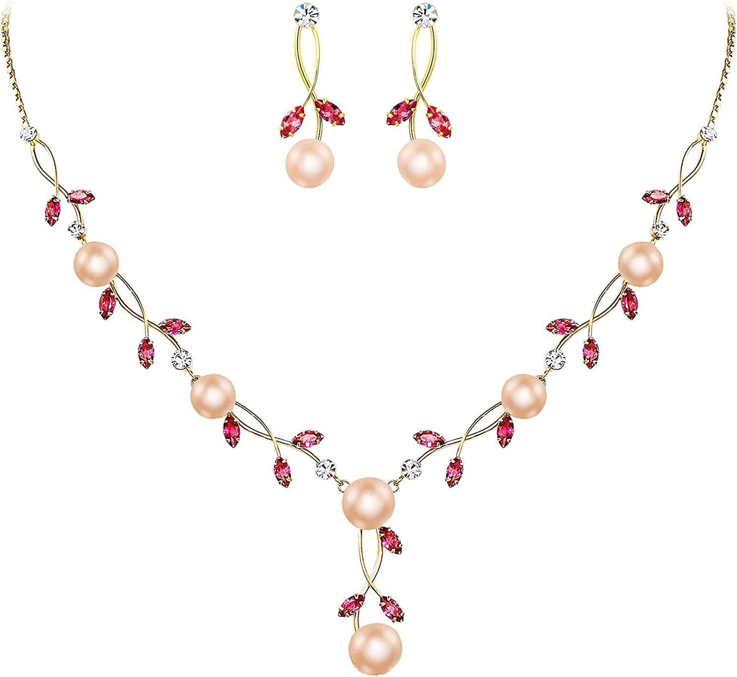 CZ Crystal Cream Simulated Pearl Floral Vine Filigree Necklace Earrings Set Pink Gold-Tone