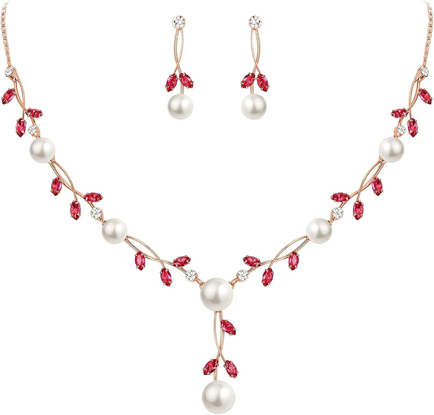 CZ Crystal Cream Simulated Pearl Floral Vine Filigree Necklace Earrings Set Pink Rose Gold-Tone