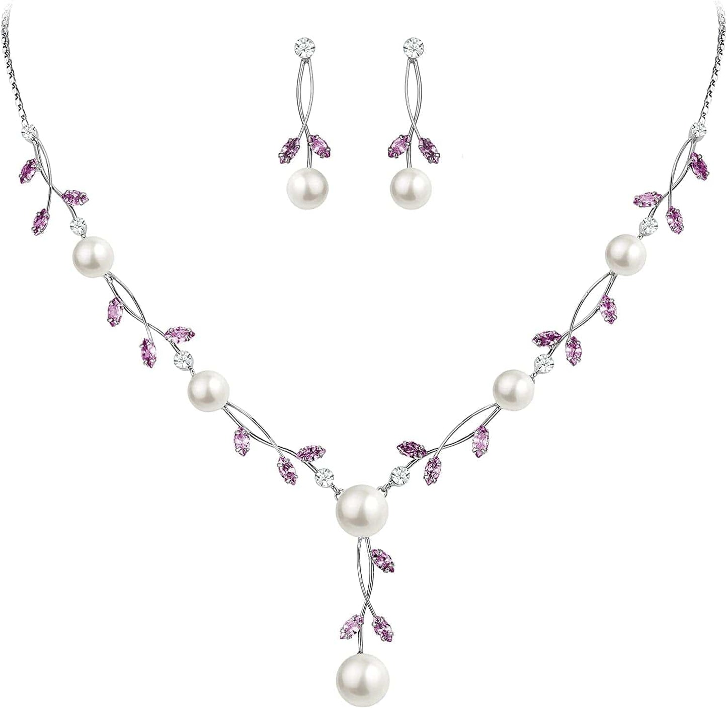 CZ Crystal Cream Simulated Pearl Floral Vine Filigree Necklace Earrings Set Purple Silver-Tone