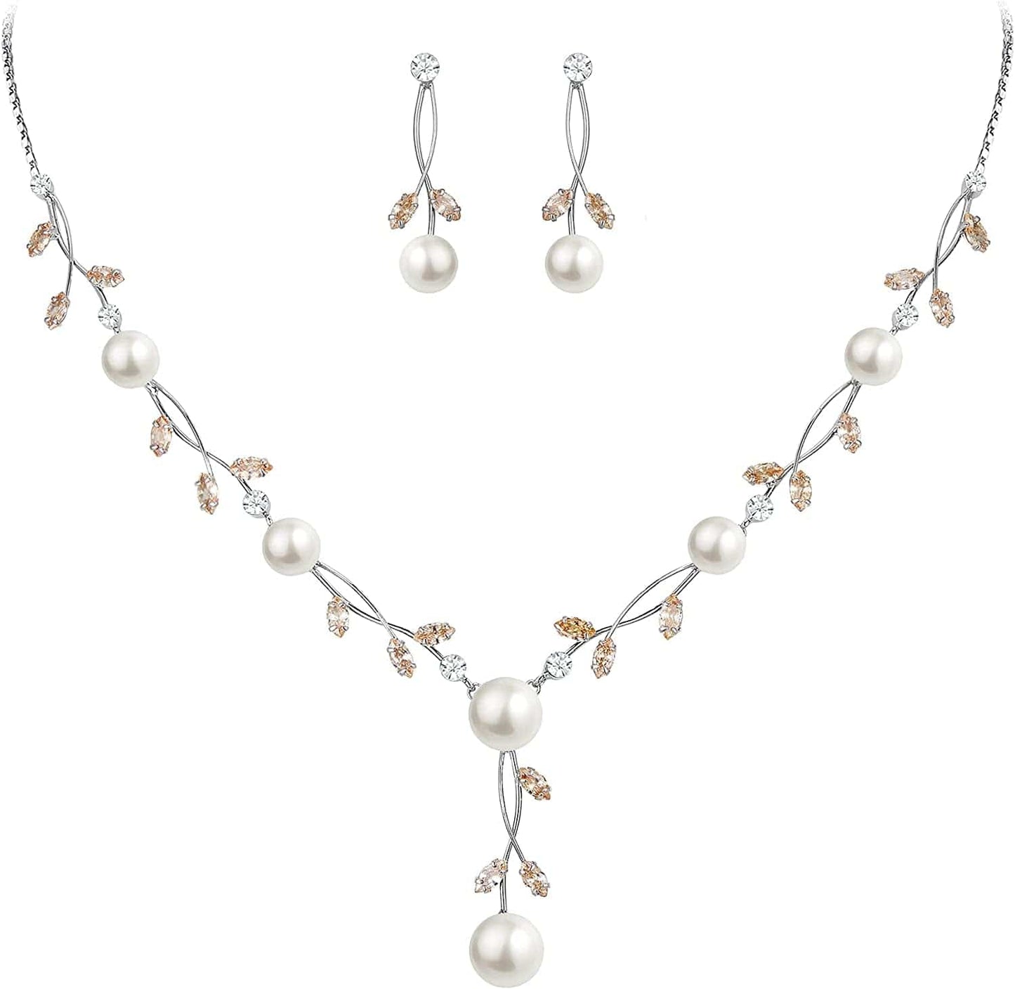 CZ Crystal Cream Simulated Pearl Floral Vine Filigree Necklace Earrings Set Brown Silver-Tone