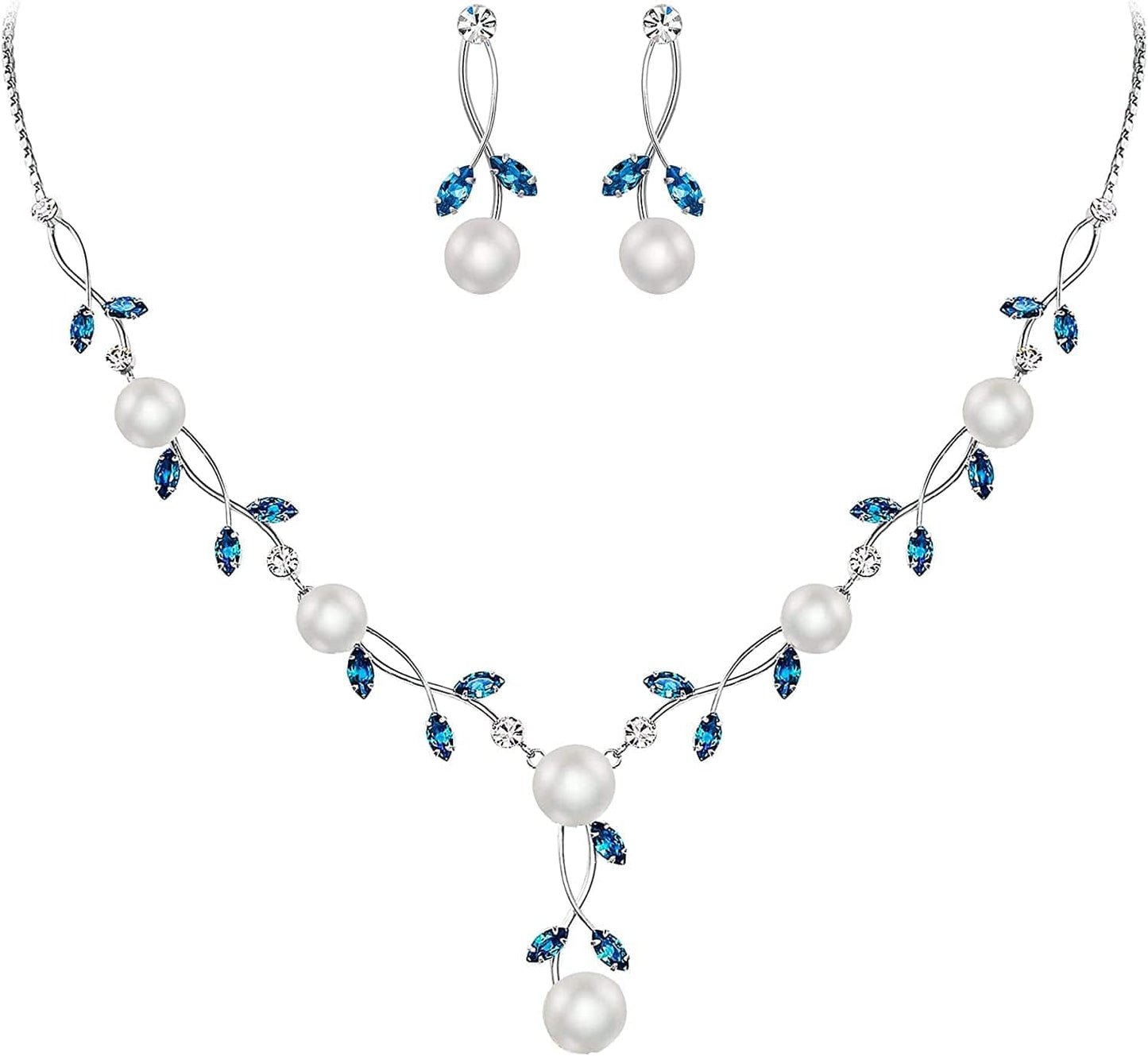 CZ Crystal Cream Simulated Pearl Floral Vine Filigree Necklace Earrings Set Sky Blue Silver-Tone