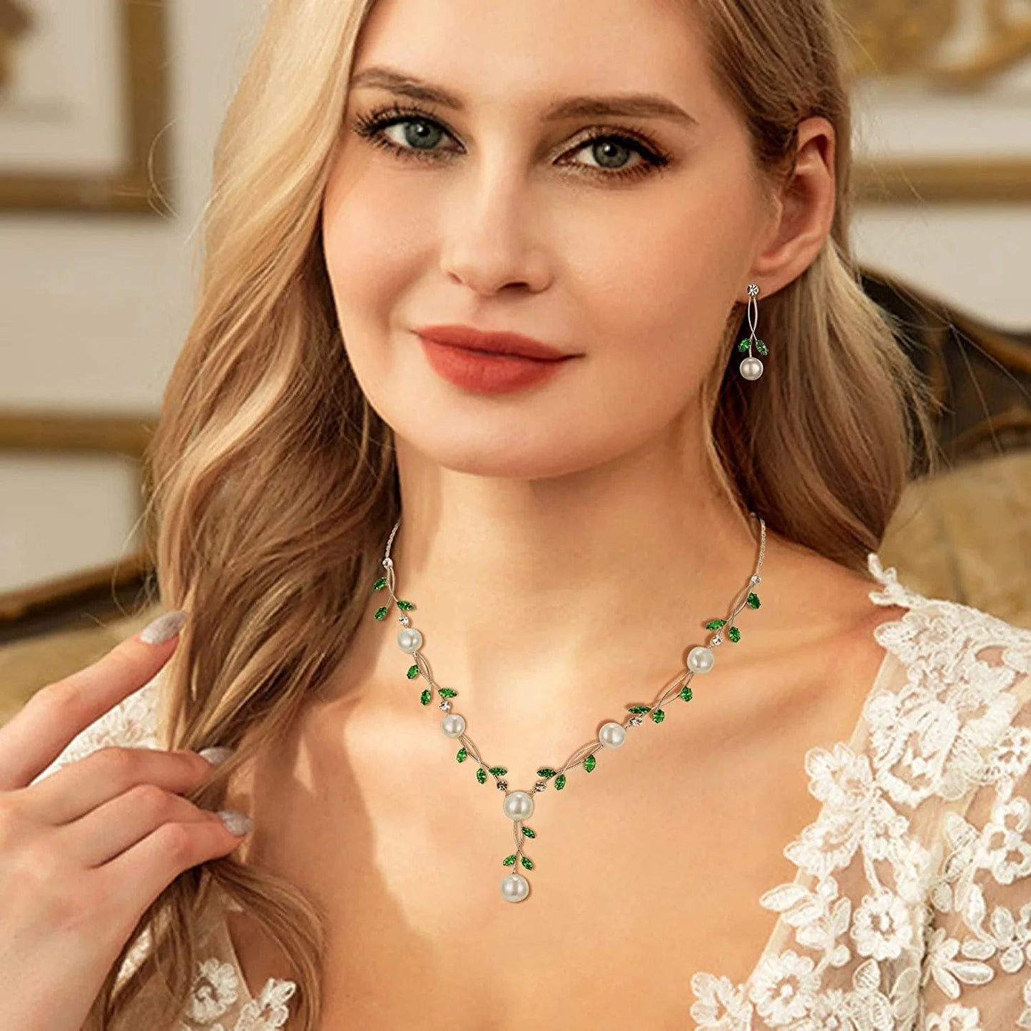 CZ Crystal Cream Simulated Pearl Floral Vine Filigree Necklace Earrings Set
