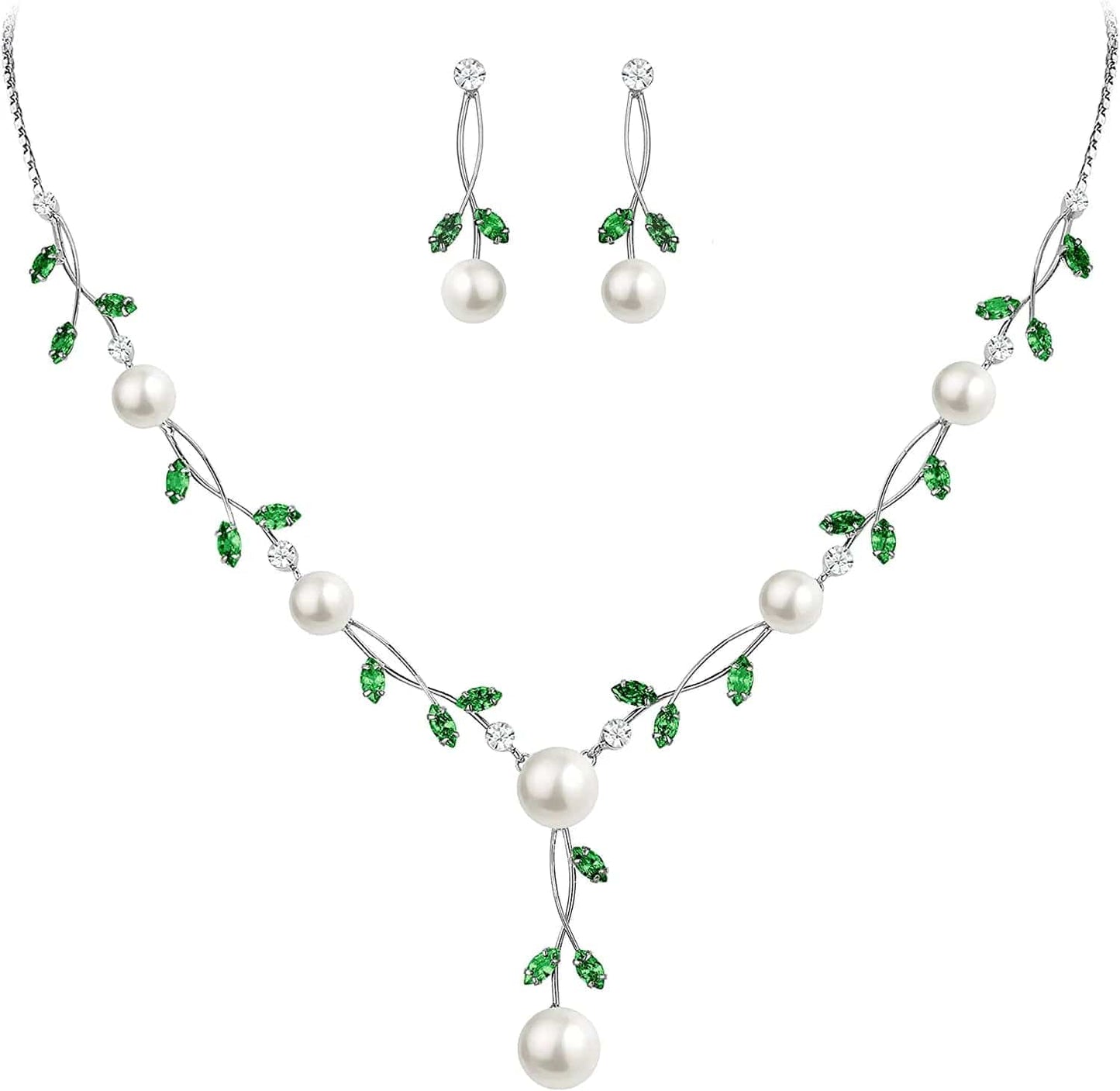 CZ Crystal Cream Simulated Pearl Floral Vine Filigree Necklace Earrings Set Green Silver-Tone