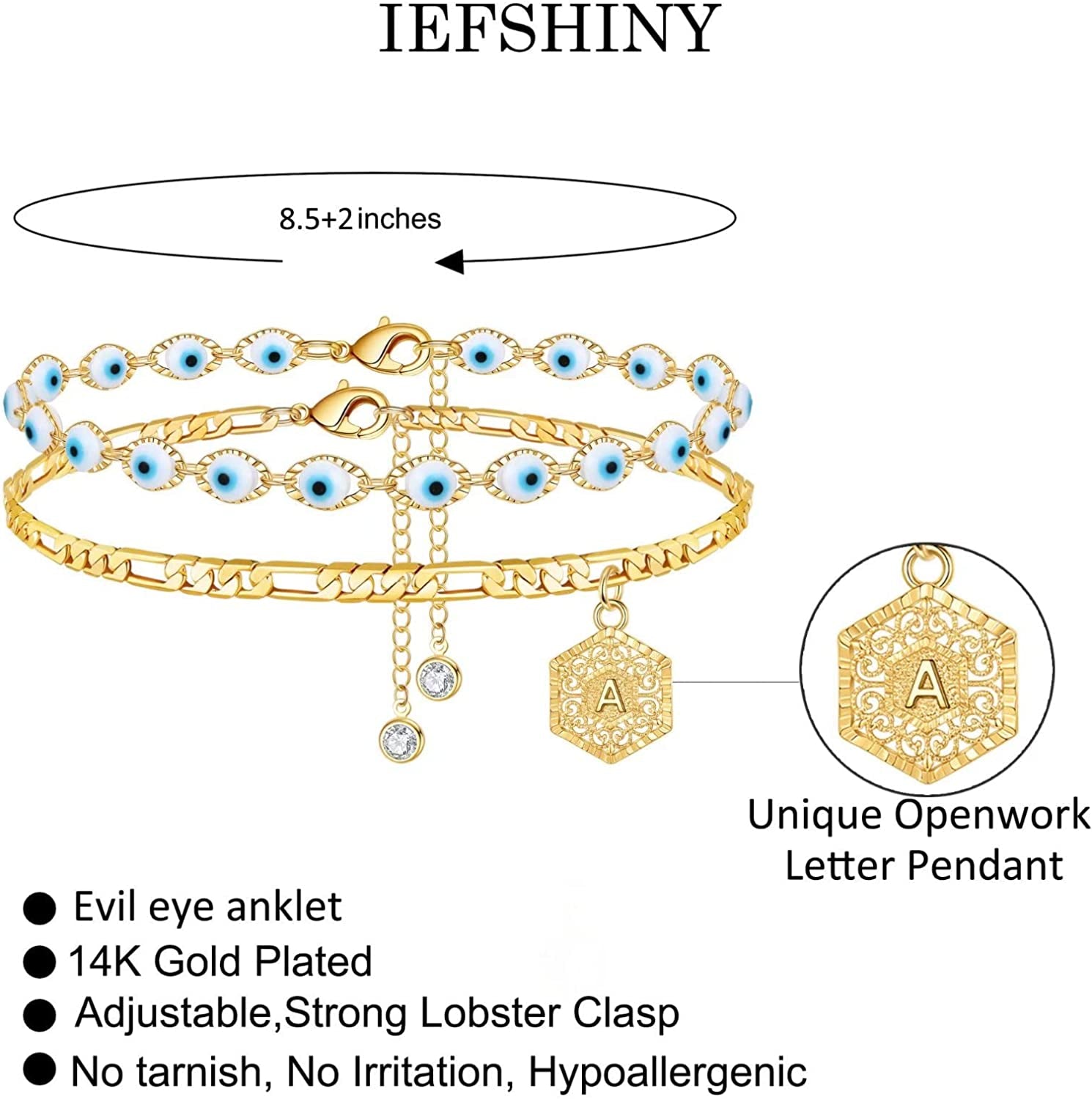 Evil Eye Ankle Bracelets for Women, 14K Gold Plated Layered Anklet Evil Eye Anklet for Women Openwork Hexagon Pendant Initial A-Z Gold Anklets for Women Girls Evil Eye Anklet Jewelry Gifts Apparel & Accessories > Jewelry > Anklets IEFSHINY