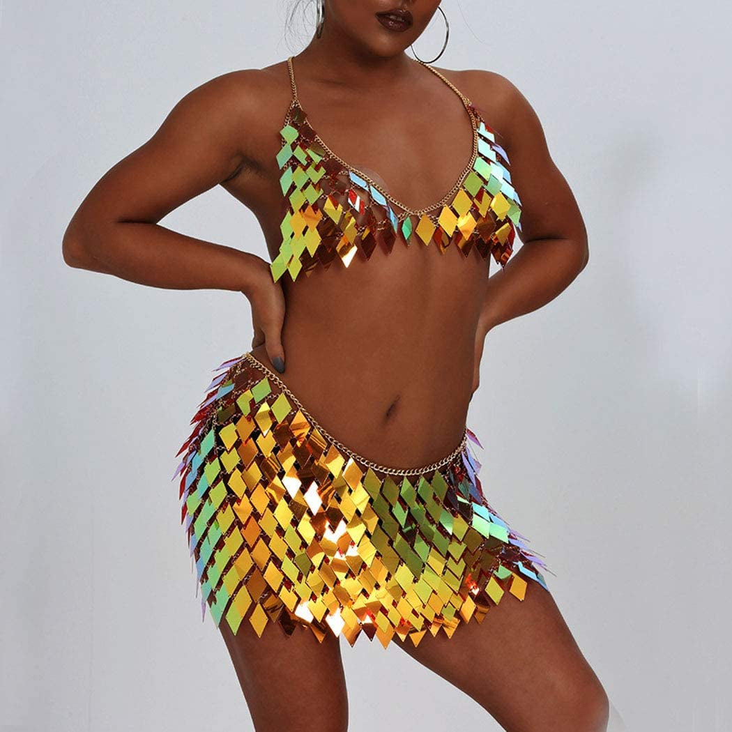 Nicute Festival Body Chain Sequins Tassel Skirt Set Sexy Summer Beach Bikini Bra Body Jewelry for Women and Girls Apparel & Accessories > Jewelry > Body Jewelry Nicute