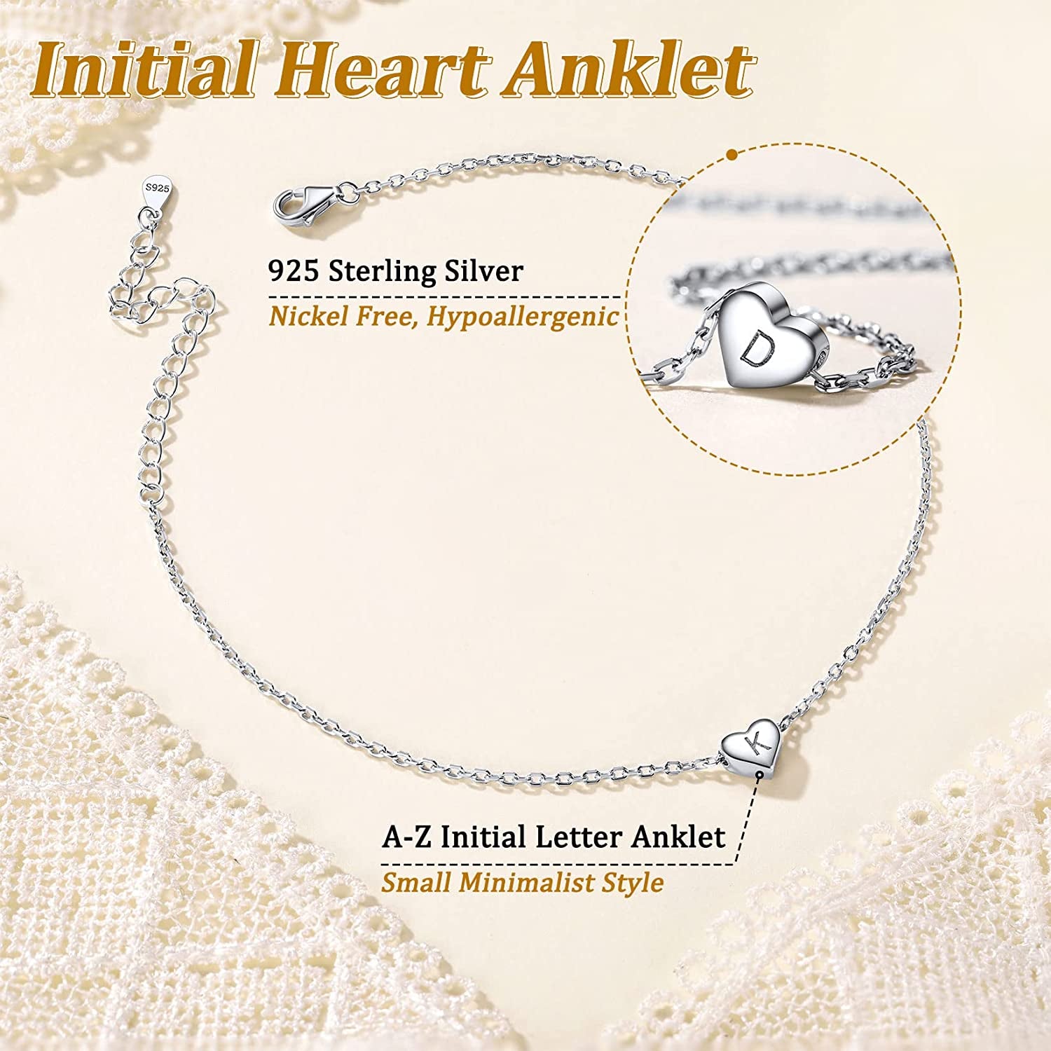 Suplight 925 Sterling Silver A-Z Initial Heart Anklets, Dainty Ankle Bracelets Beach Jewelry for Women Girls (With Gift Box) Apparel & Accessories > Jewelry > Anklets Suplight Jewelry
