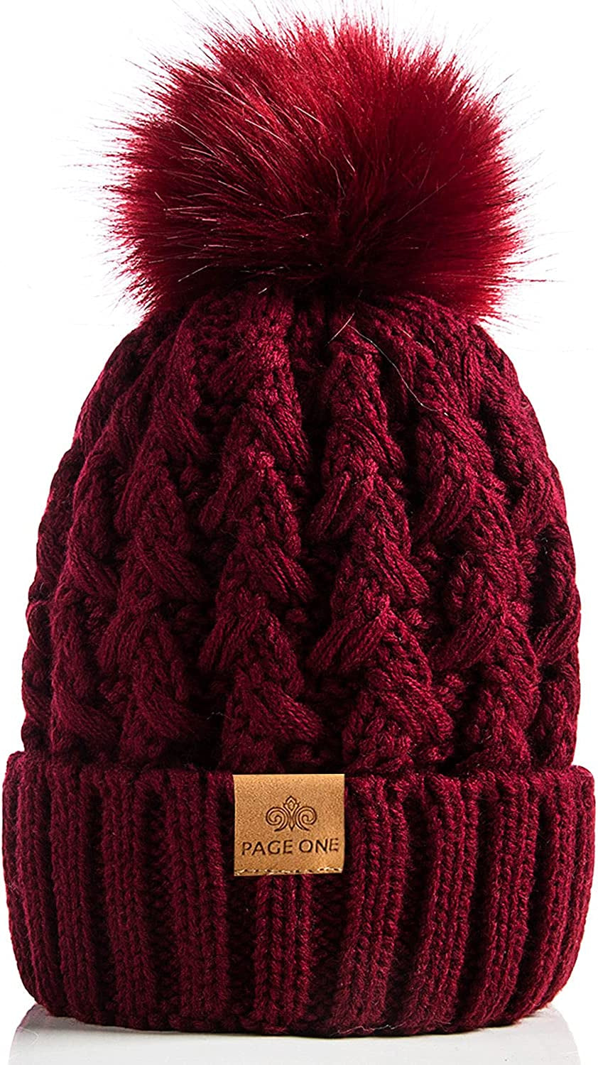 PAGE ONE Womens Winter Ribbed Beanie Crossed Cap Chunky Cable Knit Pompom Soft Warm Hat Apparel & Accessories > Clothing Accessories > Hats PAGE ONE Wine Red