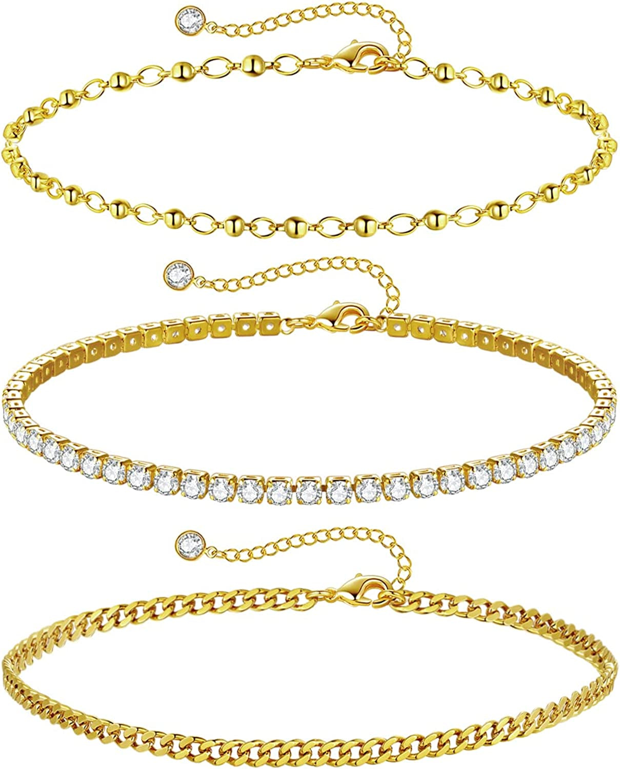 Luxval Ankle Bracelets for Women, Tennis Chain Butterfly Anklets for Women 14K Gold Bead Link Foot Jewelry CZ Stones Anklet Bracelets for BFF Gift Apparel & Accessories > Jewelry > Anklets Luxval 3Pcs-CZ-Bead-Cuban