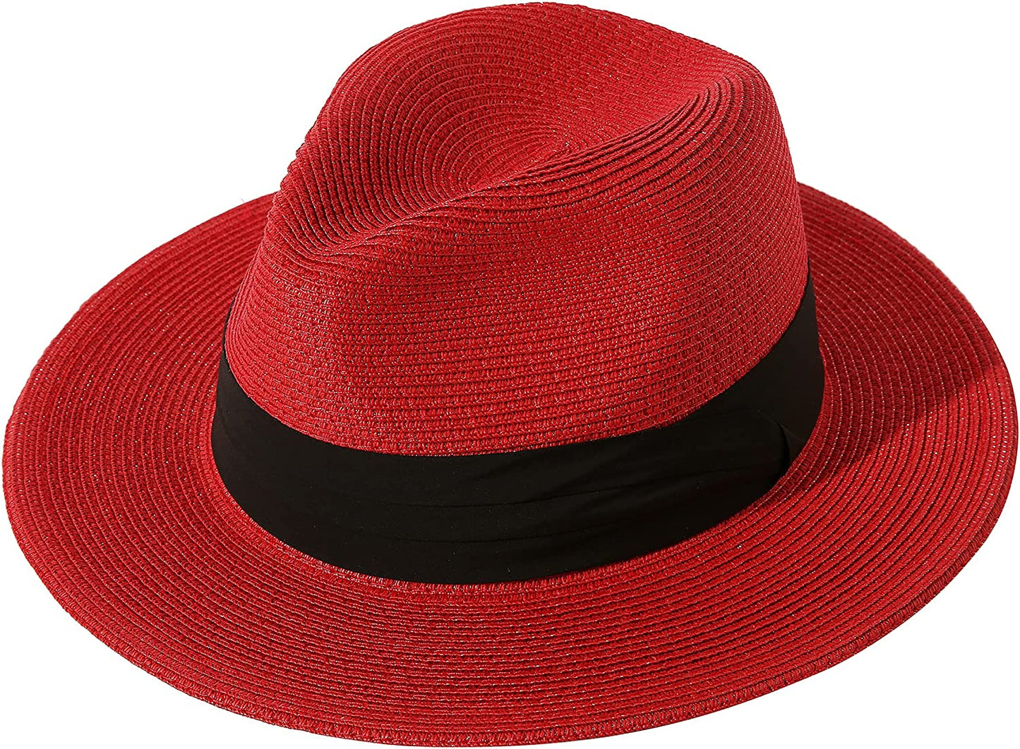 Lanzom Women Wide Brim Straw Panama Roll up Hat Belt Buckle Fedora Beach Sun Hat UPF50+ Apparel & Accessories > Clothing Accessories > Hats Lanzom Red One Size