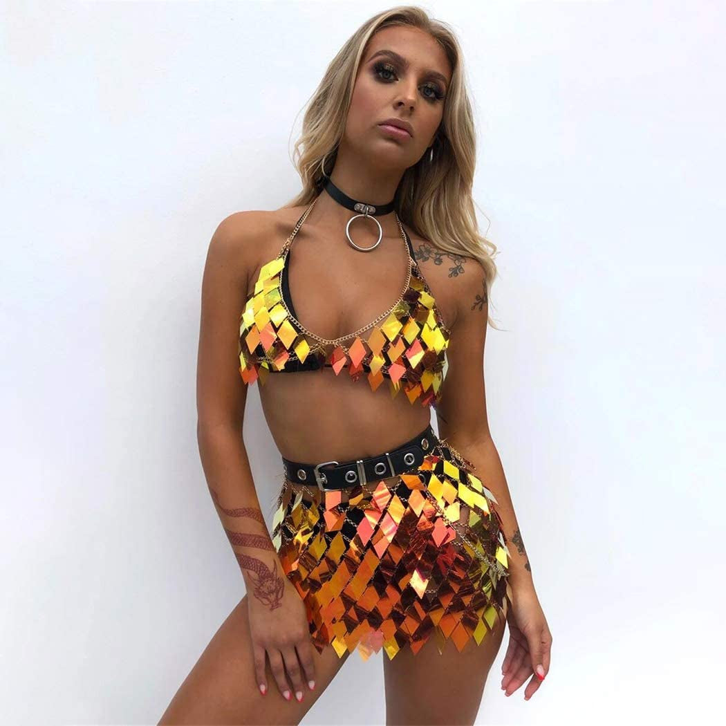 Nicute Festival Body Chain Sequins Tassel Skirt Set Sexy Summer Beach Bikini Bra Body Jewelry for Women and Girls Apparel & Accessories > Jewelry > Body Jewelry Nicute