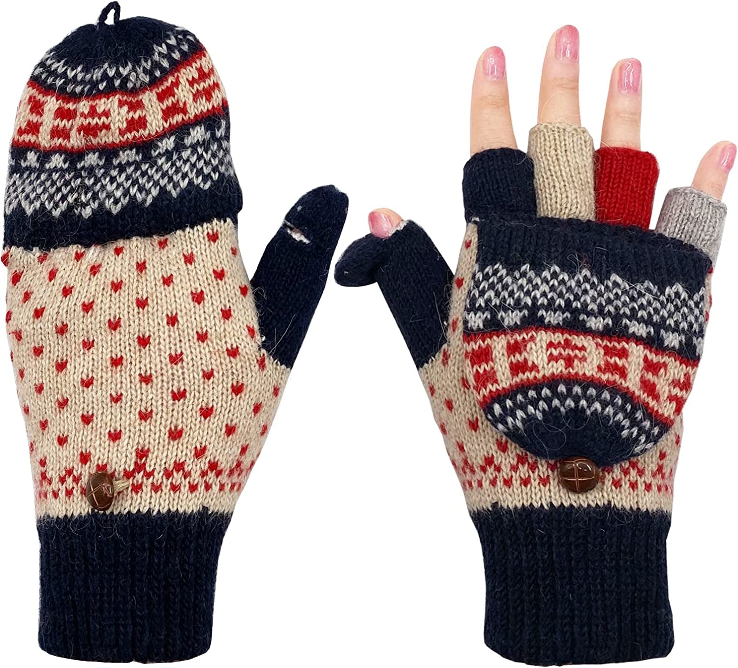 Beurlike Women'S Winter Gloves Warm Wool Knitted Convertible Fingerless Mittens Apparel & Accessories > Clothing Accessories > Gloves & Mittens Beurlike Zfleece Red Navy