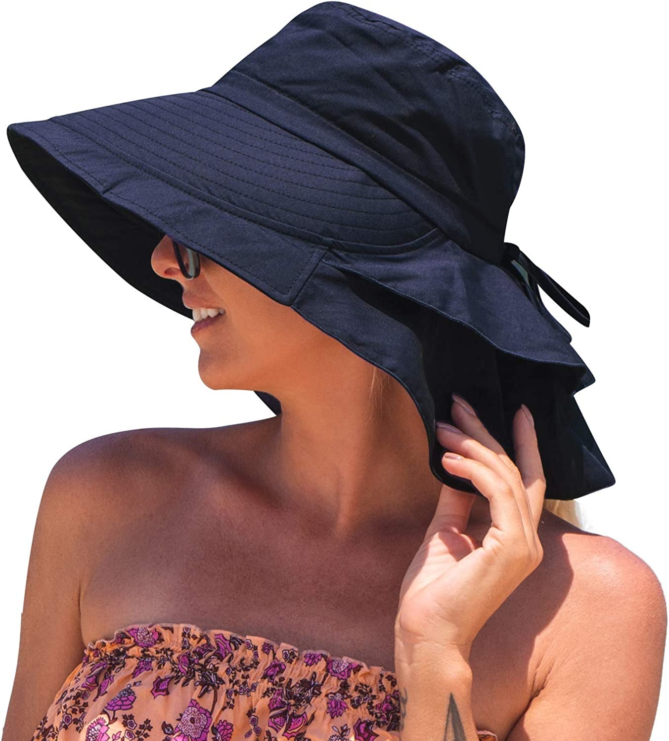 Comhats Womens Summer Flap Cover Cap Cotton UPF 50+ Sun Shade Hat with Neck Cord Apparel & Accessories > Clothing Accessories > Hats Comhats 69085#navy Large