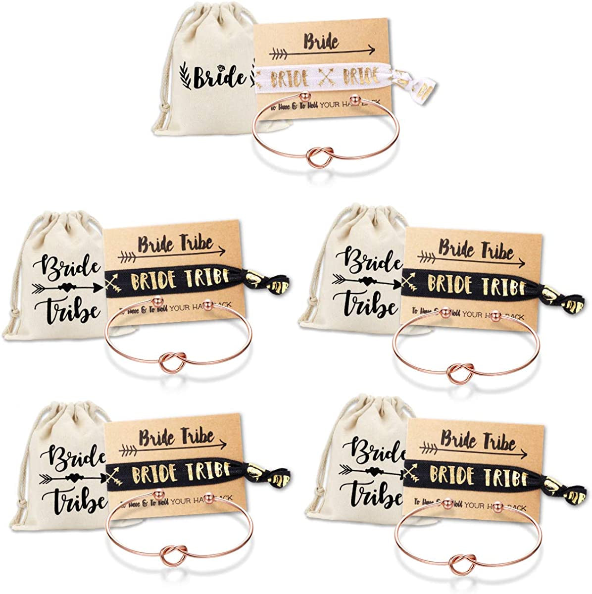 Bridesmaid Bracelets-Ikooo 5 Pcs Love Knot Open Bangle with Bride Tribe Hair Tie for Best Friend, BFF of the Bride Wedding Gift Apparel & Accessories > Jewelry > Bracelets MOOKOO 5 Rose Gold with black hair tie