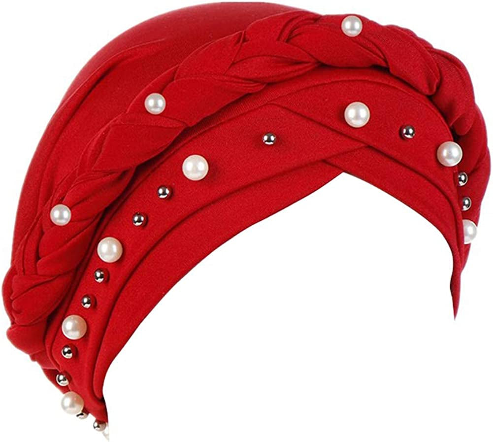 Fxhixiy Women Hijab Beading Pearl Braid Turban Hat Head Scarf Cancer Chemo Beanies Bandana Headwrap Cap Apparel & Accessories > Clothing Accessories > Headwear Fxhixiy Red
