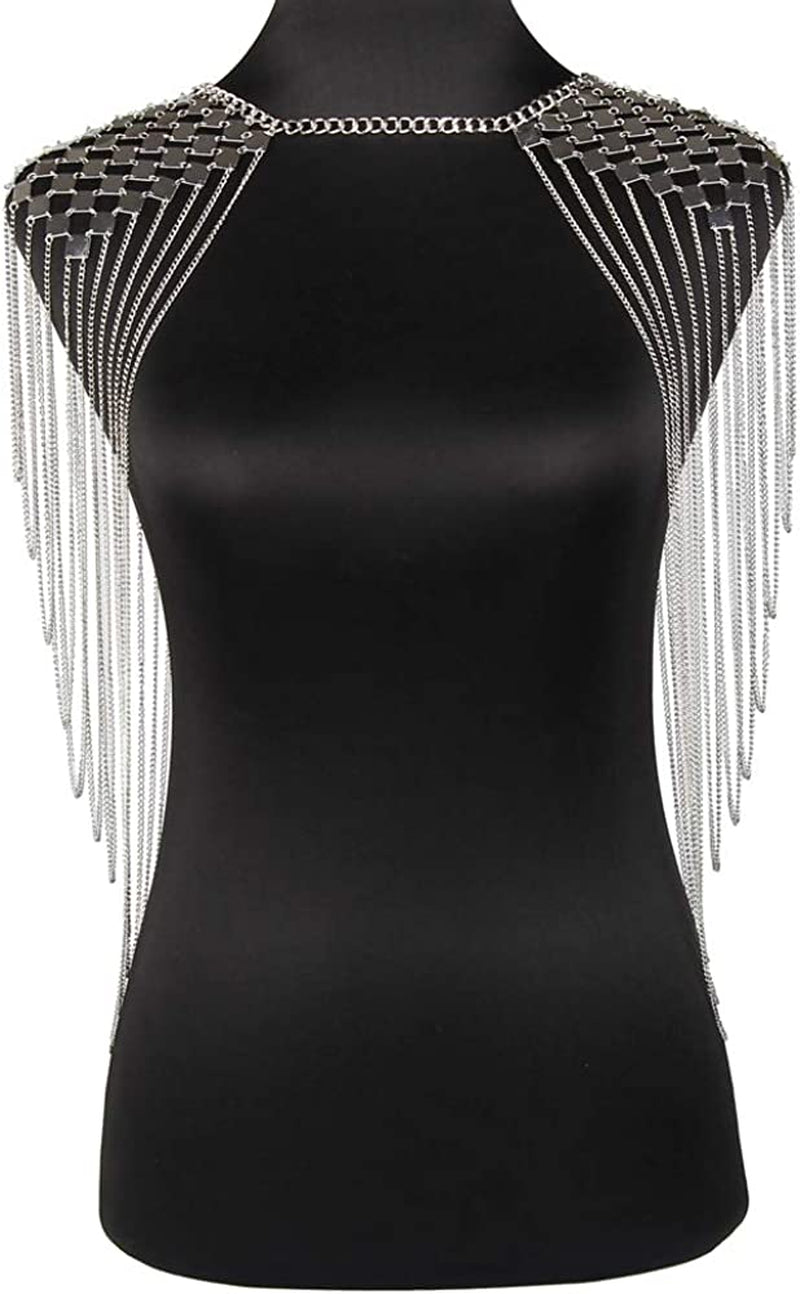 Chrontier Harness Body Chain Link Epaulet Shoulder Chain Necklace Collar Dangling Tassels for Bridal Women Prom Party Wedding Dress Accessory Silver Tone Apparel & Accessories > Jewelry > Body Jewelry Chrontier