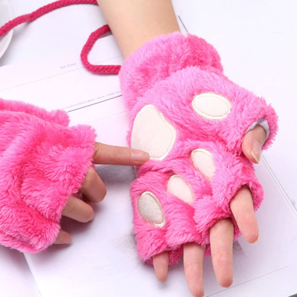 Roselan Cat Paw Gloves Fingerless Faux Fur Plush Gloves Mittens Winter Warm Half Finger Gloves Cute Cat Paw Cosplay Gloves (Hot Pink, One Size) Apparel & Accessories > Clothing Accessories > Gloves & Mittens Roselan