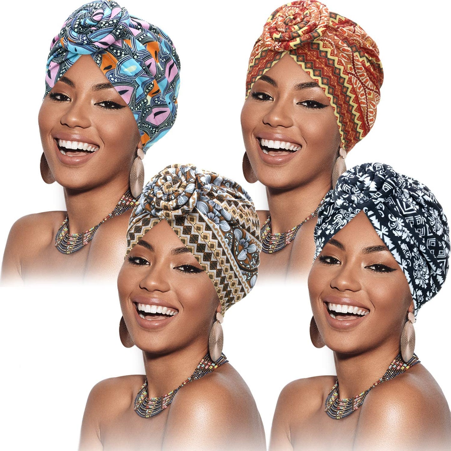 SATINIOR 4 Pieces African Pattern Headwrap Pre-Tied Bonnet Turban Knot Beanie Cap Headwrap Hat Apparel & Accessories > Clothing Accessories > Headwear SATINIOR Plaid Striped Style