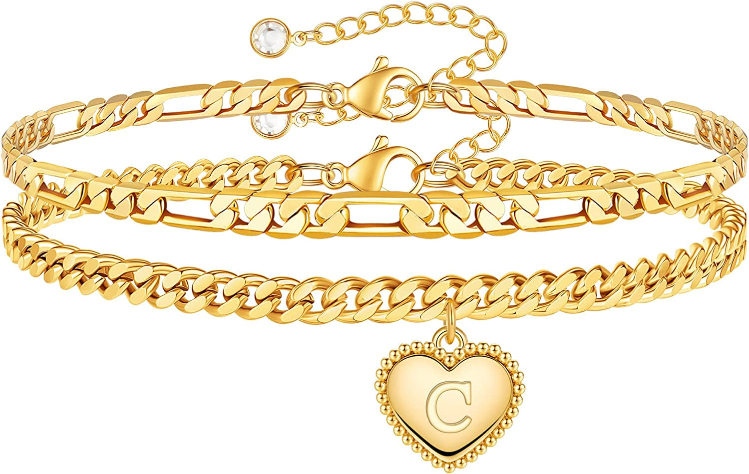 Gold Initial Ankle Bracelets for Women 14K Gold Plated Heart Initial Charm Gold Anklets for Women Cuban Link Chain Initial Anklet Bracelets for Women Figaro Chain Anklet Apparel & Accessories > Jewelry > Anklets BRIJEWLIC C