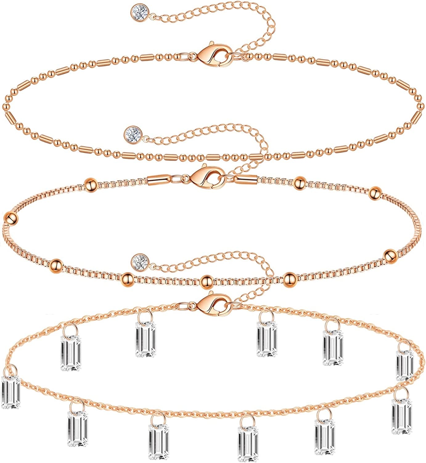 Gold Ankle Bracelets for Women 14K Gold Plated Anklet Silver Evil Eye Butterfly Star Rose Quartz Bead Box Paperclip Chain Dainty Layered Anklet Set 3Pcs Jewelry Gifts for Teen Girls Apparel & Accessories > Jewelry > Anklets Budding Gallery N-Rose Gold-CZ
