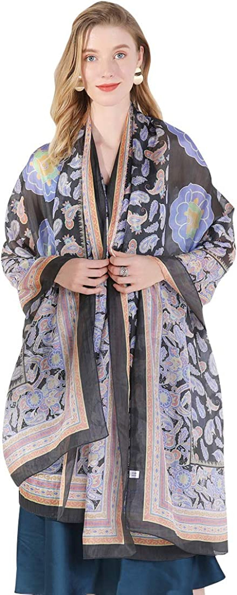 DANA XU Women'S Mulberry Satin Silk Fashion Summer Shawls Large Size Floral Scarf Oversize Soft Wraps for Evening Dresses Apparel & Accessories > Clothing Accessories > Scarves & Shawls DANA XU 18 Black&blue