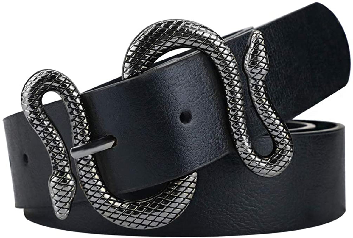 Belts for Women,Women Fashion Leather Belt for Dress with Snake Belt Buckle Apparel & Accessories > Clothing Accessories > Belts taffeta alley Black+black Buckle waist28.6"-32.6"