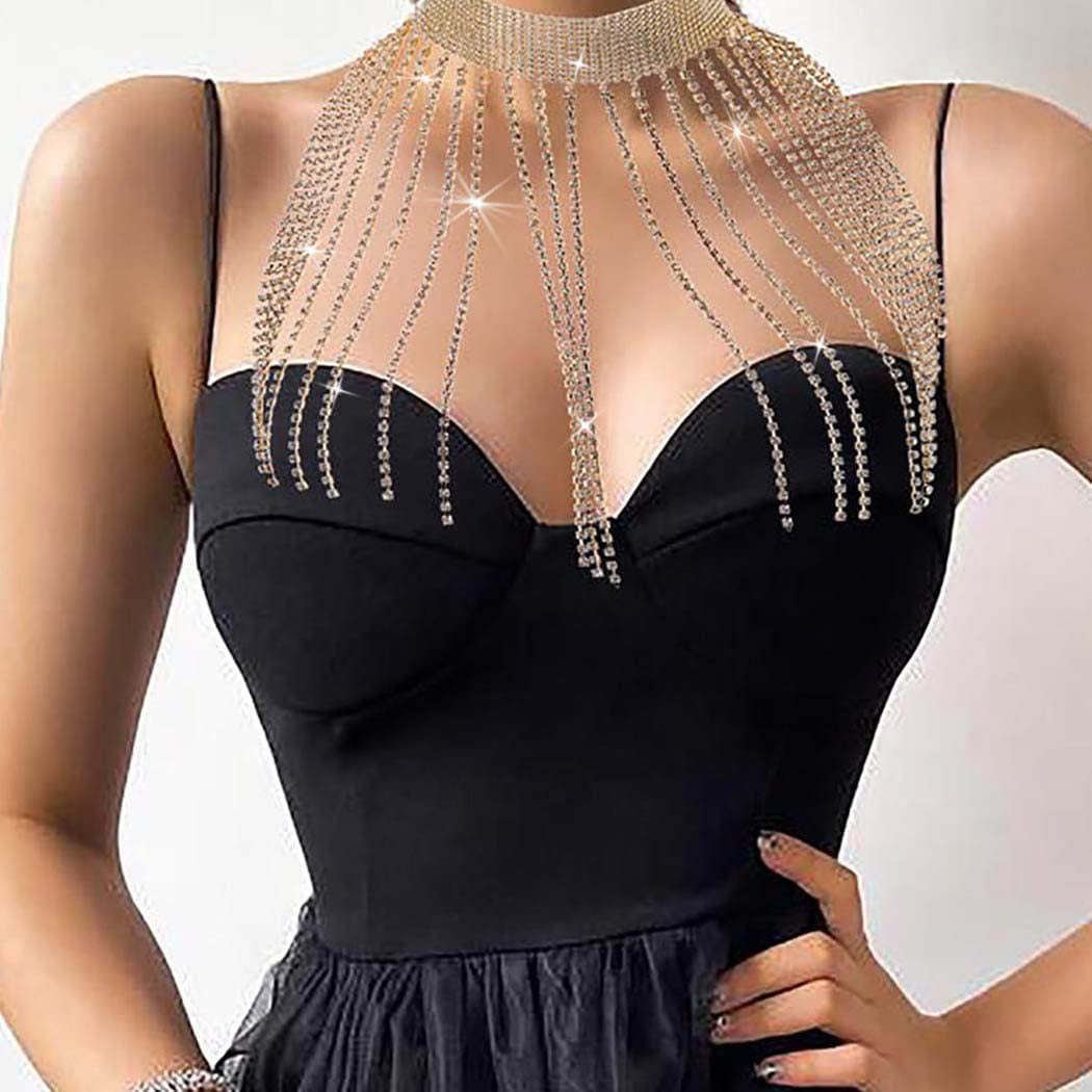Rhinestone Tassel Choker Sexy Gold Wide Necklace Chain Shiny Evening Nightclub Adjustable Body Accessories Jewelry for Women Apparel & Accessories > Jewelry > Body Jewelry KYLIE MAX
