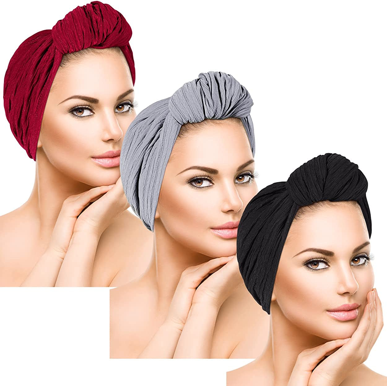 DANMY Women'S Beanie Turban Hats, Indian Hats Headscarves, Beanie Hats for Women,Turban for Women Apparel & Accessories > Clothing Accessories > Headwear DANMY 3pcs-wine-red/Gray/Black
