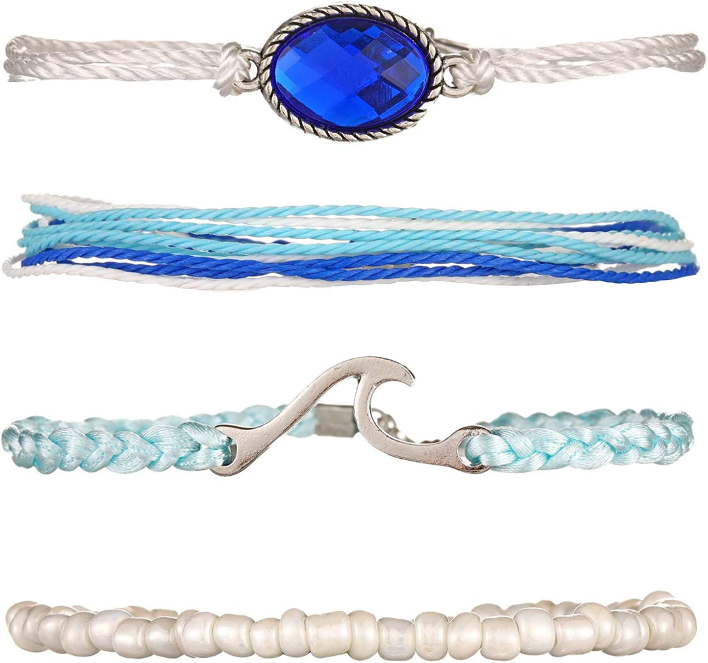 Softones VSCO String Wave Bracelets for Women Girls Handmade Colorful Waterproof Adjustable Braided Beach Bracelet Set for Women Apparel & Accessories > Jewelry > Bracelets Softones G:4Pcs Blue Crystal