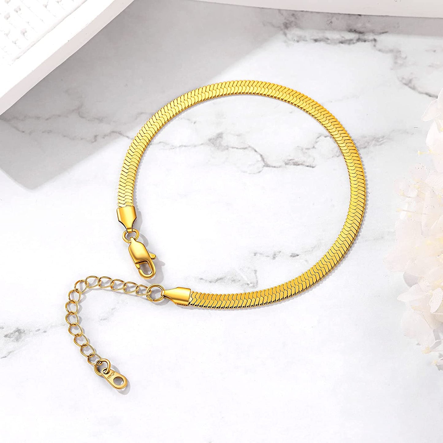 FOCALOOK 18K Gold Plated Flat Snake Chain Link Dainty Ankle Bracelets for Women, Boho Summer Beach Anklet Adjustable Foot Jewelry (4 Colors) Apparel & Accessories > Jewelry > Anklets FOCALOOK JEWELRY