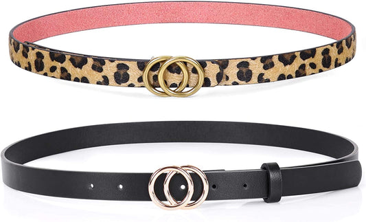Double Ring Leather Belts for Women SANSTHS O-Style Gold Buckle Skinny Dress Belt 0.86 Inch Width for Jeans Pants Apparel & Accessories > Clothing Accessories > Belts SANSTHS I-black+leopard Fit Pants Size 27-32Inch