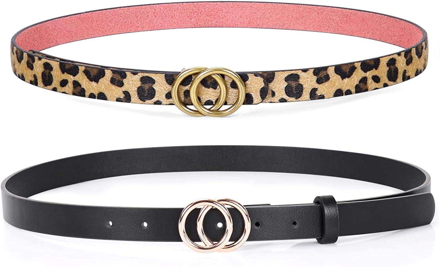 Double Ring Leather Belts for Women SANSTHS O-Style Gold Buckle Skinny Dress Belt 0.86 Inch Width for Jeans Pants Apparel & Accessories > Clothing Accessories > Belts SANSTHS I-black+leopard Fit Pants Size 27-32Inch