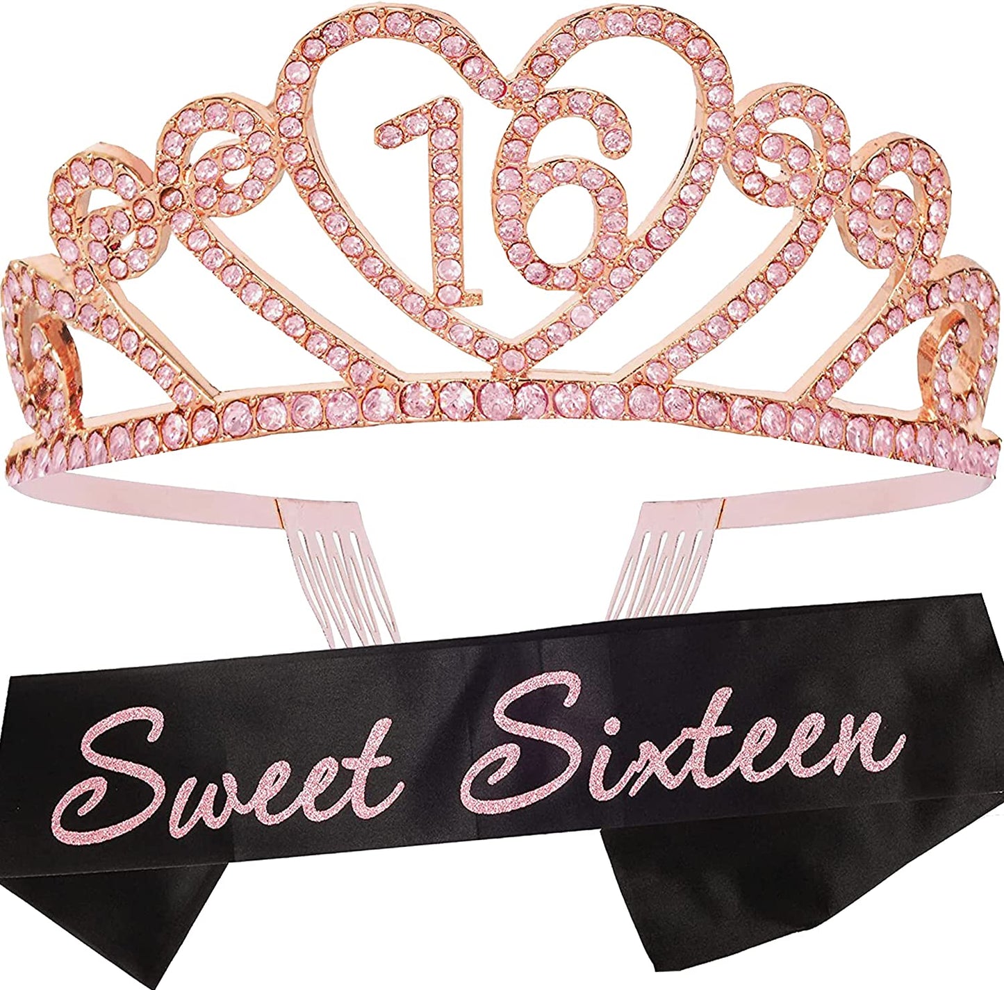 MEANT2TOBE 16Th Birthday Sash and Tiara for Girls - Fabulous Set: Glitter Sash + Basic Rhinestone Pink Premium Metal Tiara, 16Th Birthday Gifts for Sweet 16 Birthday Party Apparel & Accessories > Clothing Accessories > Sashes MEANT2TOBE Pink, Black