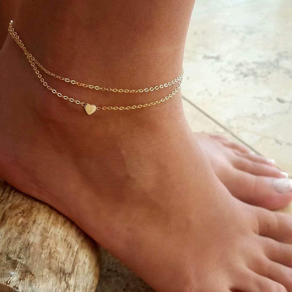 Turandoss Heart Initial Ankle Bracelets for Women, 14K Gold Filled Handmade Dainty Layered Anklet Letter Initial Heart Ankle Bracelets for Women Beach Jewelry Gifts Apparel & Accessories > Jewelry > Anklets Turandoss