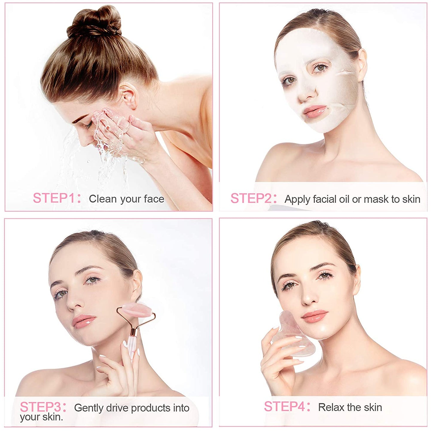 Guasha Tool for Face, Jade Roller and Gua Sha Set, Pink Facial Roller Skin Care Tool, for Face, Eye Massage (Rose Quartz) Health & Beauty > Personal Care > Cosmetics > Cosmetic Tools > Skin Care Tools MUSTHEO