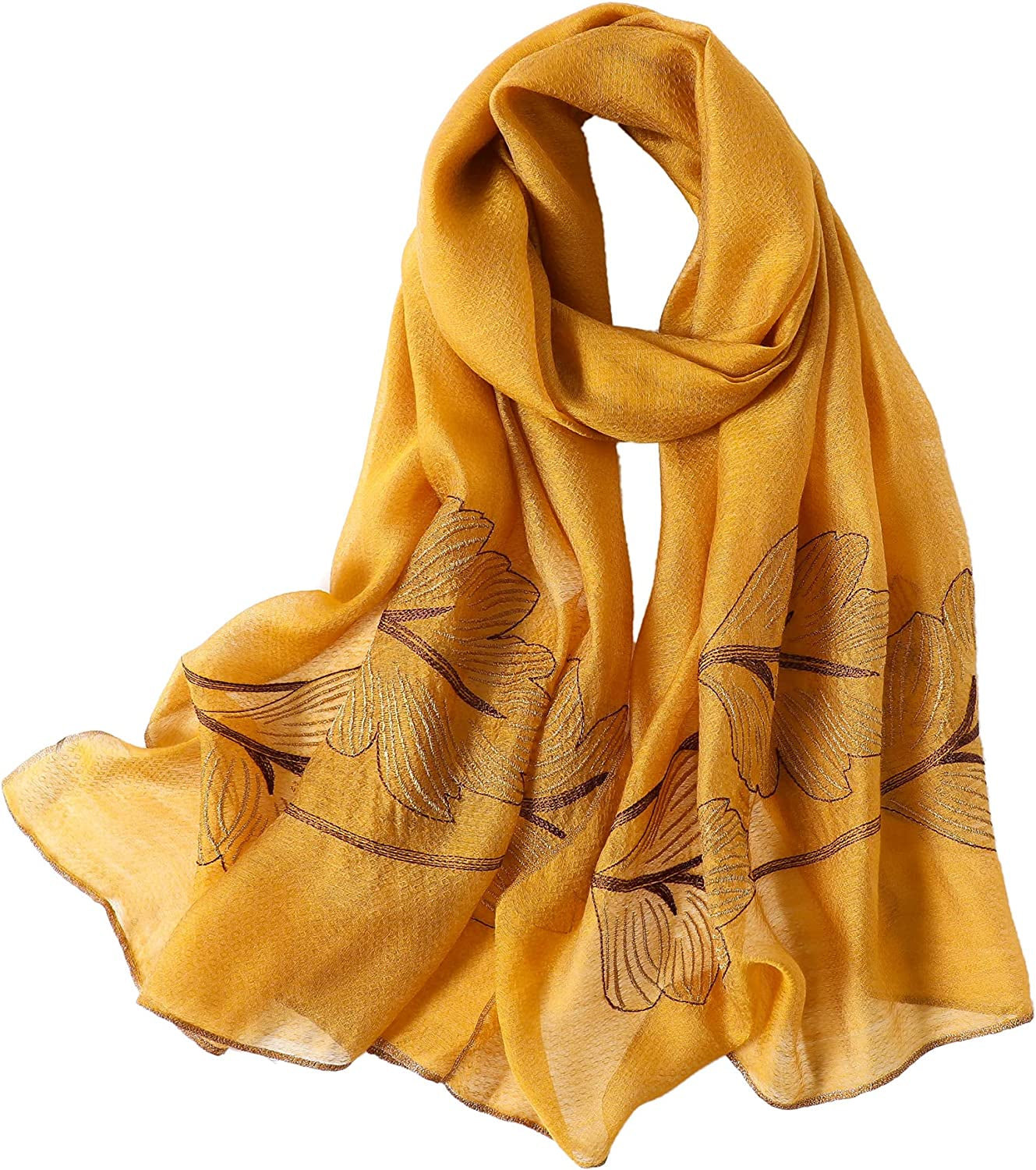 WINCESS.YU Silk Scarf for Women Lightweight Shawls and Wraps for Weddings Fashion Pashmina Shawl Embroidered Scarves Apparel & Accessories > Clothing Accessories > Scarves & Shawls WINCESS.YU Leaf Embroidery Yellow