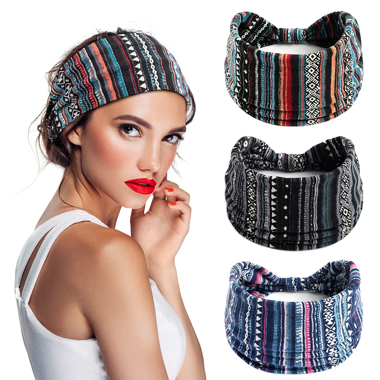 S&N Remille 3 Pack Wide Boho Headbands for Women and Girls, Elastic Turban Head Wrap Non-Slip Hair Bands for Sport Yoga and Running Headband Apparel & Accessories > Clothing Accessories > Bandanas & Headties S&N Remille Set-13