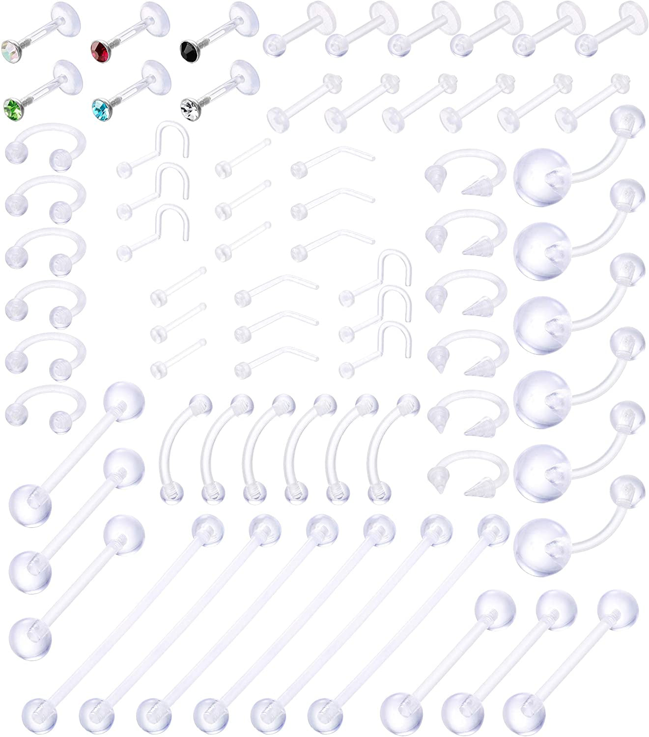 Jstyle 72Pcs 14G-20G Acrylic Body Piercing Lot Nose Ring Horseshoe Lip Tongue Eyebrow Tragus Body Piercing Navel Rings Barbells Apparel & Accessories > Jewelry > Rings Jstyle
