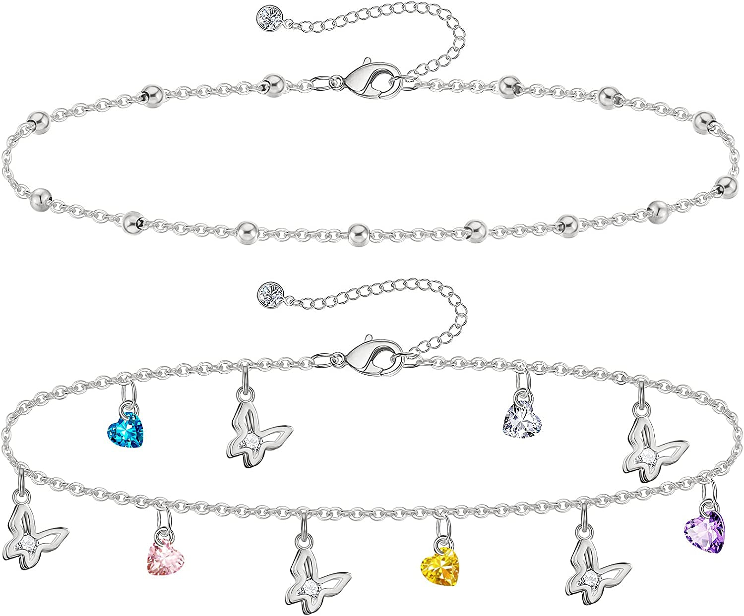 Gold Ankle Bracelets for Women 14K Gold Plated Anklet Silver Tennis Rose Quartz Cross Bead Herringbone Snake Paperclip Chain Cubic Zirconia Dainty Layered Anklet Set 3Pcs Apparel & Accessories > Jewelry > Anklets WeSparking ZF-White Gold-Butterfly