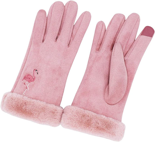 Winter Faux Chamois Suede Gloves for Women Fashion Touch Screen Warm Gloves Womens Chamois Mittens with Flamingo Embroidery Apparel & Accessories > Clothing Accessories > Gloves & Mittens Ahyapiner