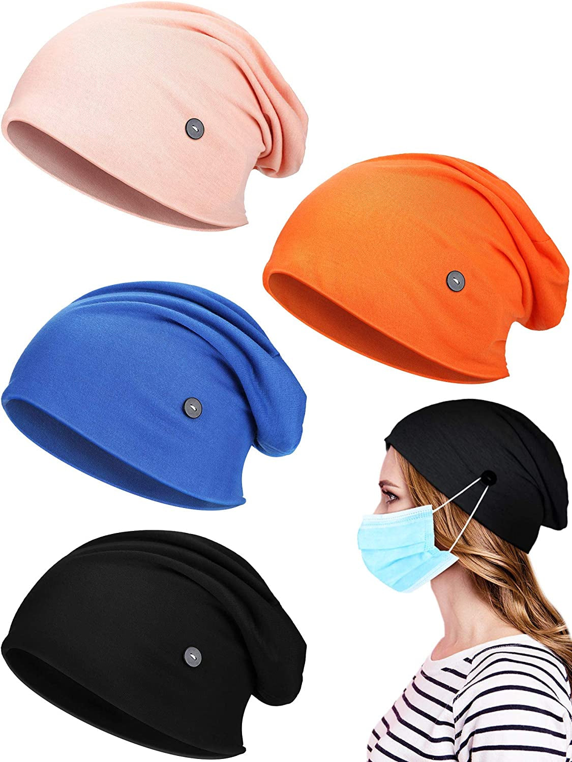 SATINIOR 4 Pieces Slouchy Beanie Caps with Buttons Bouffant Cap Elastic Sleeping Hats Button Headwrap Apparel & Accessories > Clothing Accessories > Headwear SATINIOR Orange,blue