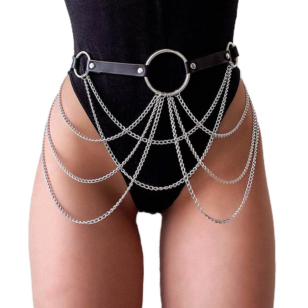 Reetan Punk Body Chains Black Layered Waist Chain Leather Belt Belly Chains Rave Party Body Jewelry Accessories for Women and Girls (1) Apparel & Accessories > Jewelry > Body Jewelry REETAN 4